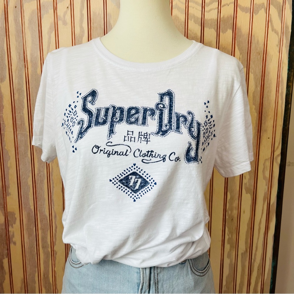 Superdry Vintage Navy Blue 77‎ Logo Front Short Sleeve White Tee Shirt Size 10